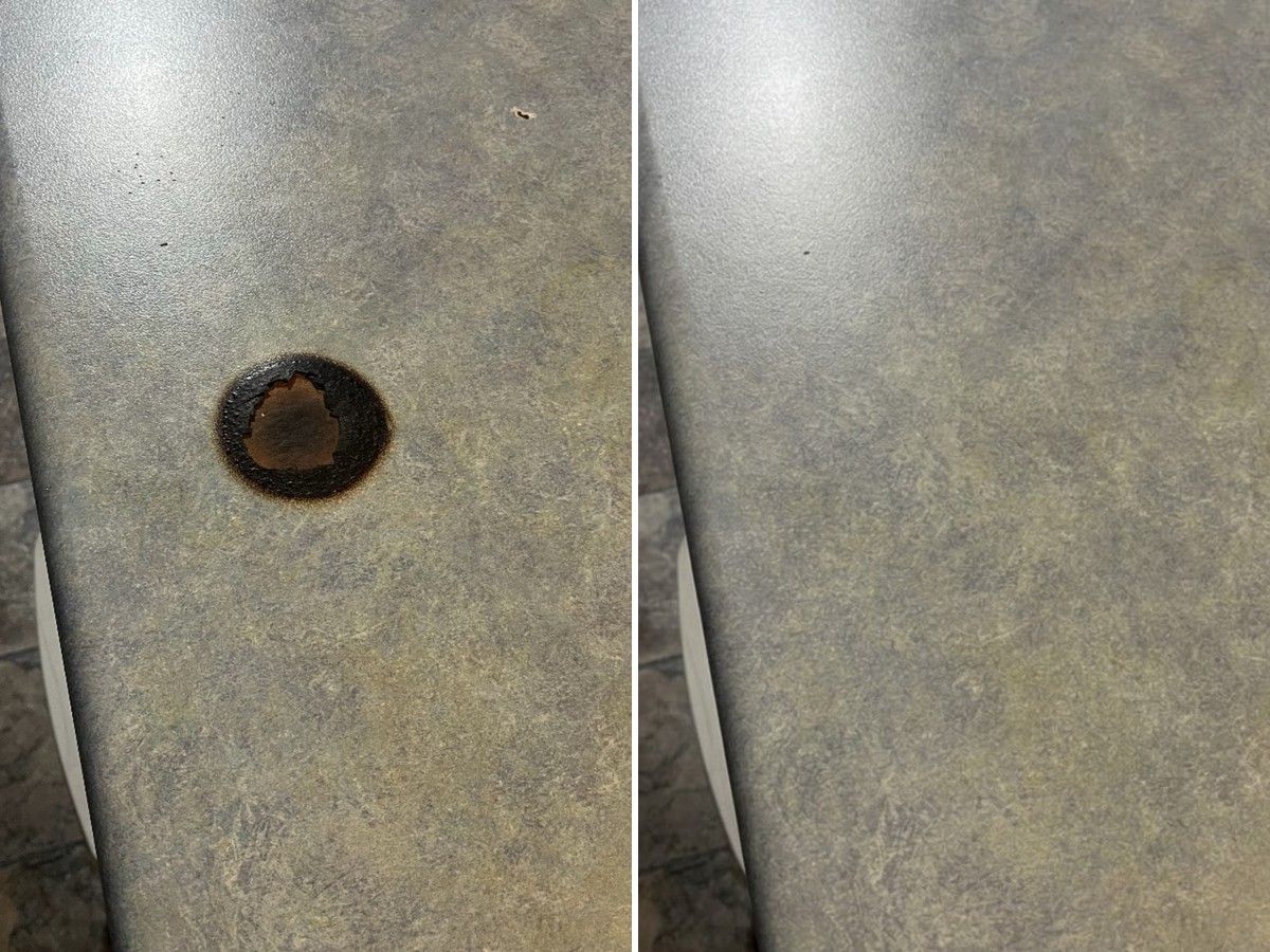 Before and after of a laminate benchtop burn damage repair in Melbourne
