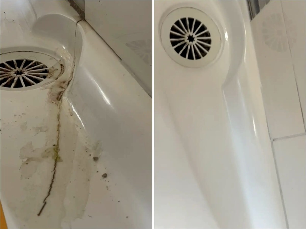 Before and after of a shower base crack repair in Melbourne, sealed and colour matched