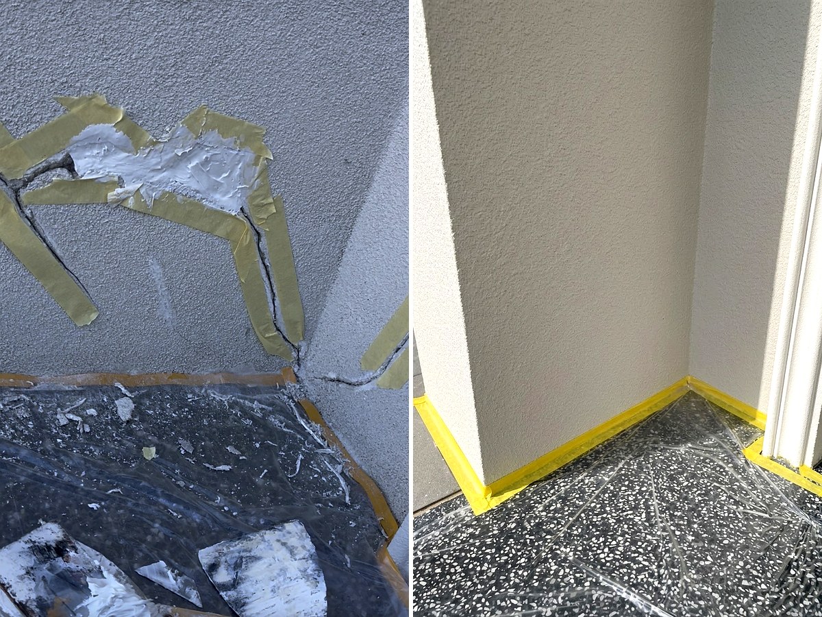 Before and after of an exterior rendered wall crack repair in Melbourne, repaired and colour matched