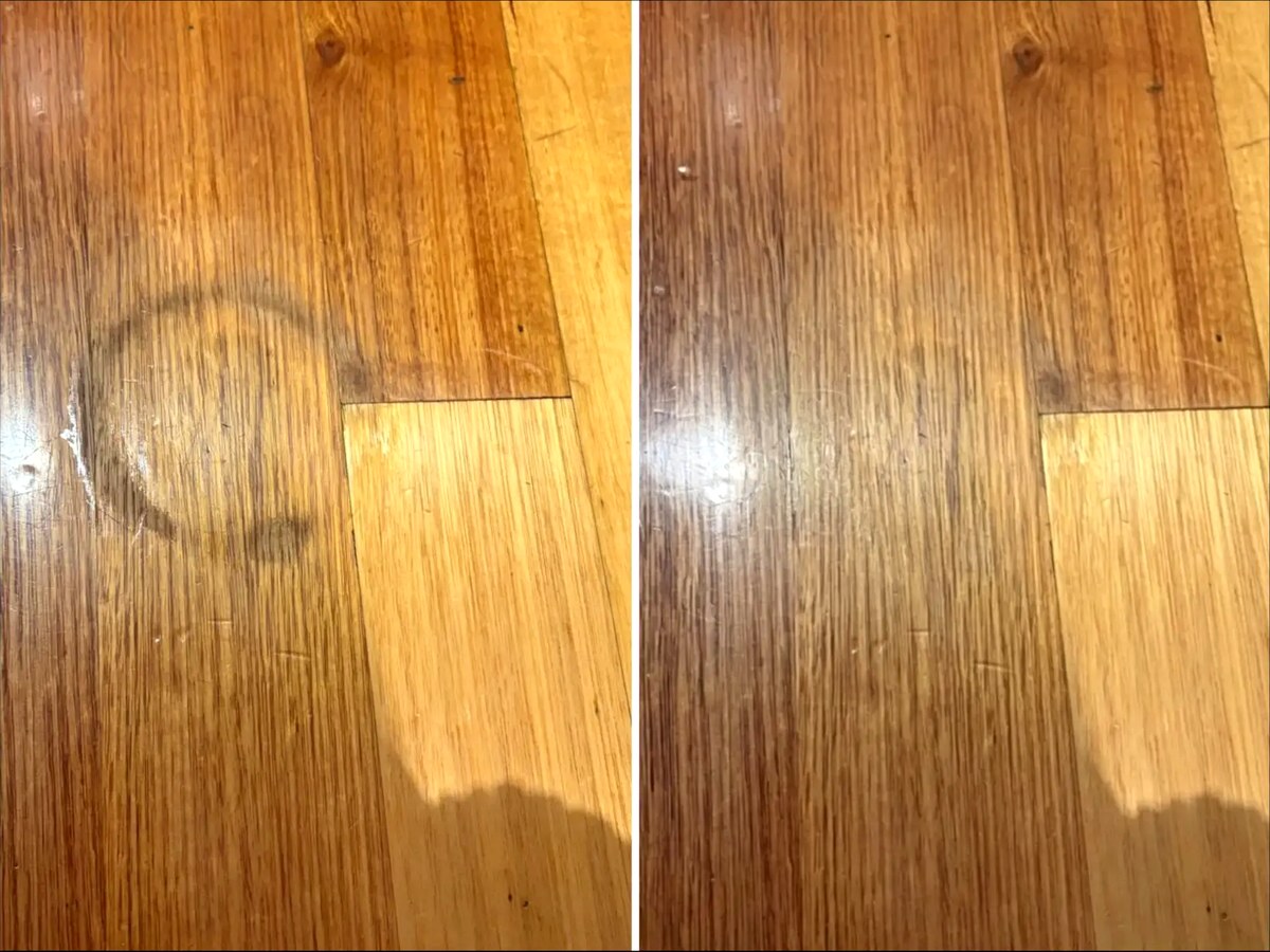 Before and after of a timber floor stain repair in Melbourne, blended into the surrounding boards