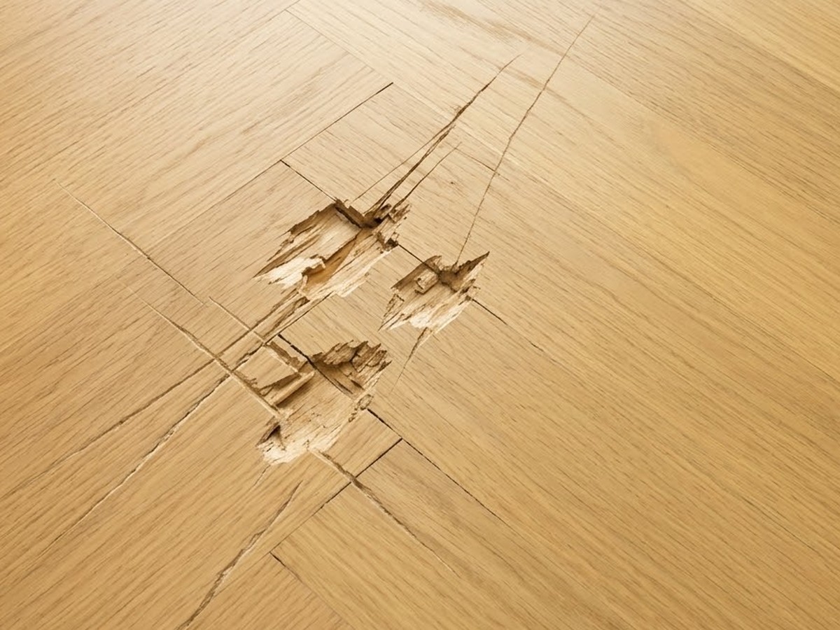 Timber floor with a deep gouge and scratches before repair