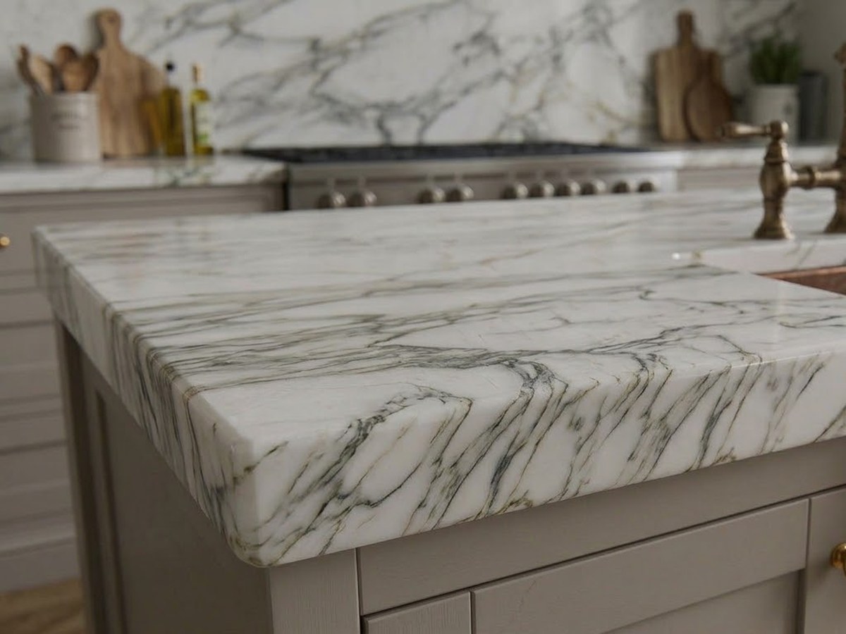 Stone benchtop edge chip repair with colour and polish matching