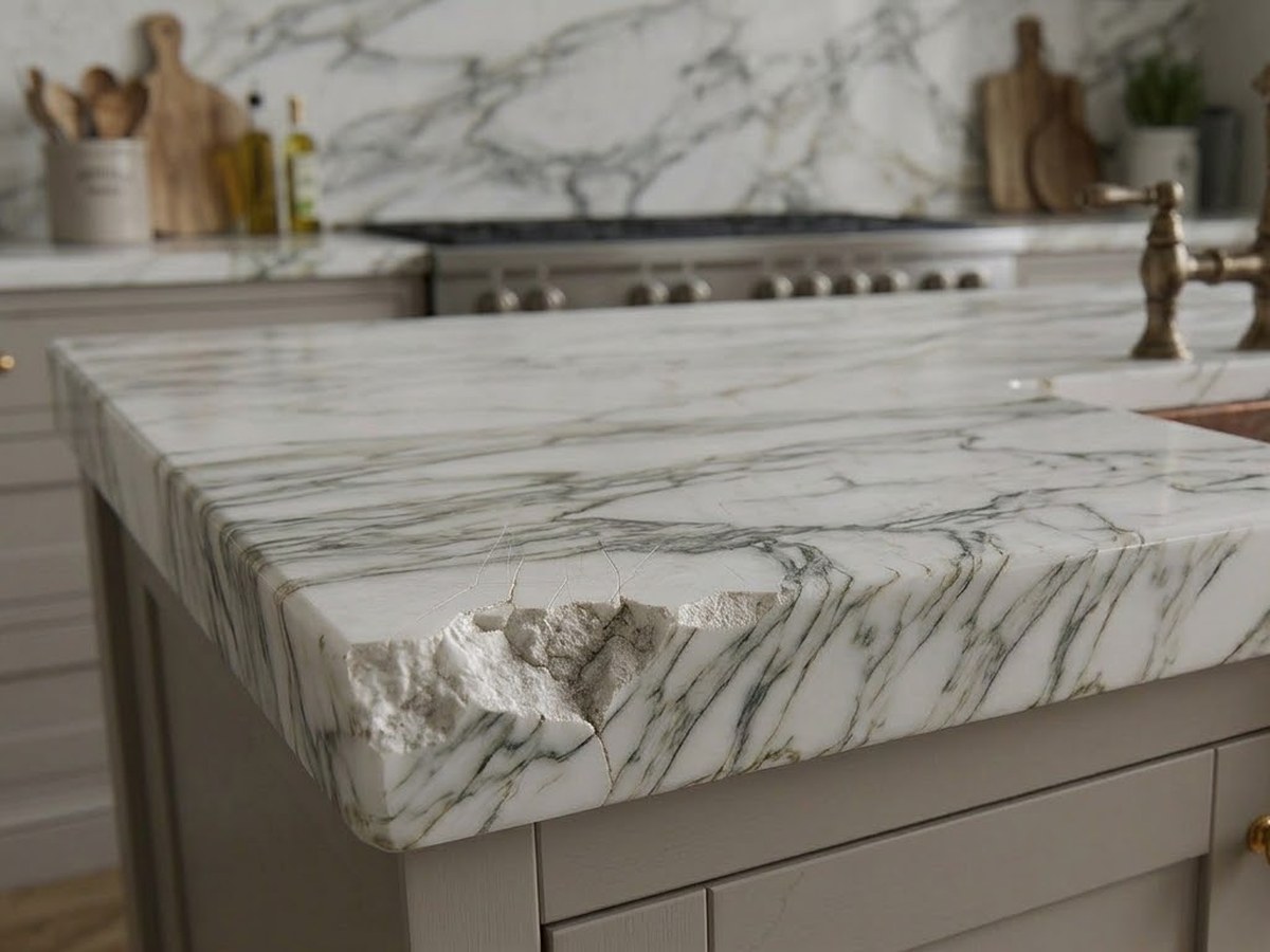 Marble benchtop with a chipped edge before repair