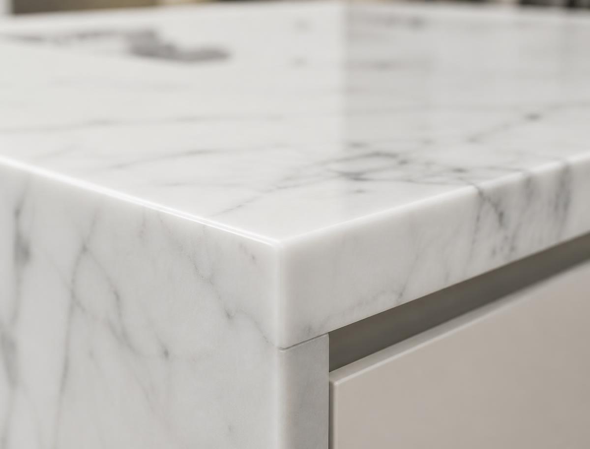 Stone benchtop edge chip repair with colour and polish matching