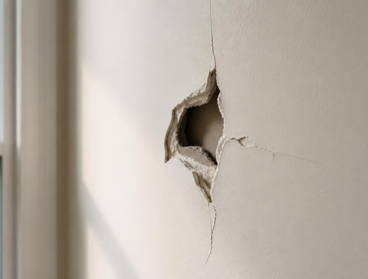 Plaster wall with impact damage and cracking before repair