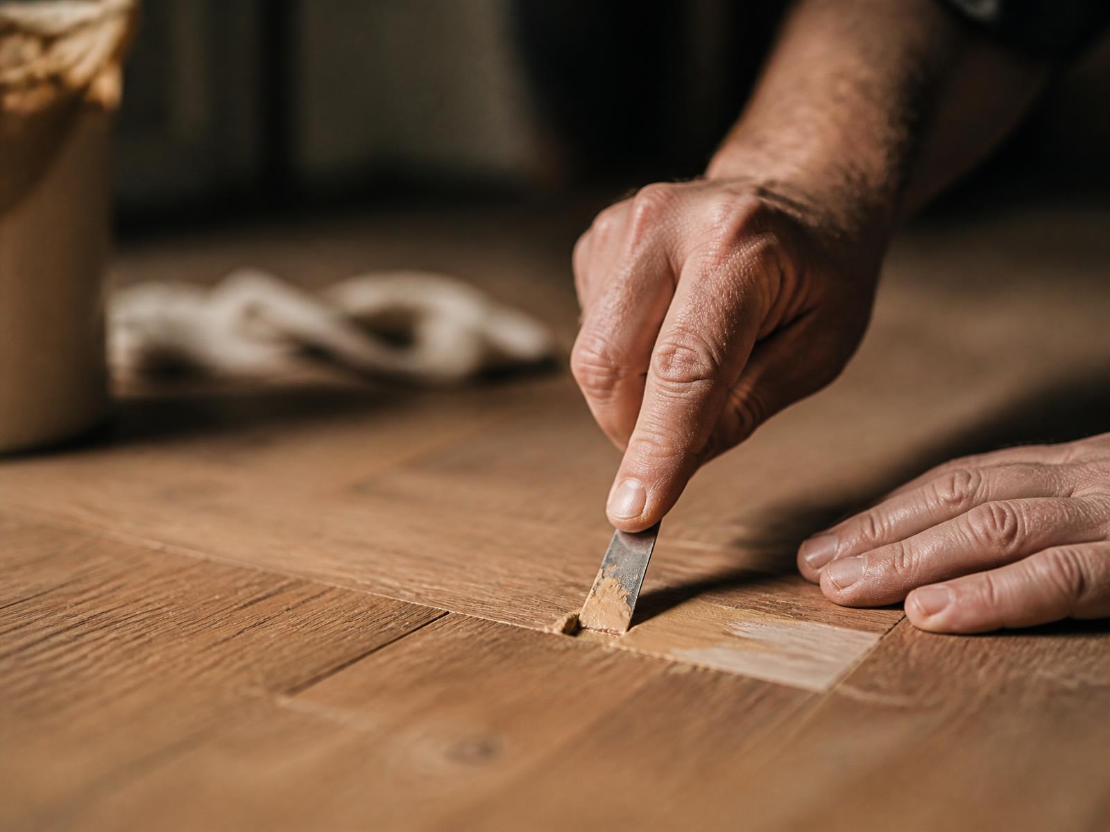 Close-up of hands blending filler into a timber floor repair